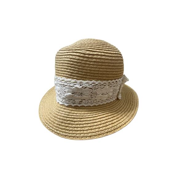 D & Y Women's Beach Sun Hat OS Beige Ivory Lace Accent Summer Vacation New - Picture 6 of 10